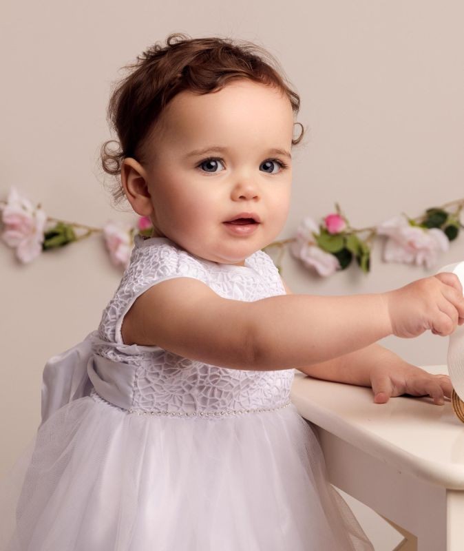 Baby Mädchen Taufkleid mit Spitze & Schleife - ROSE - Weiß