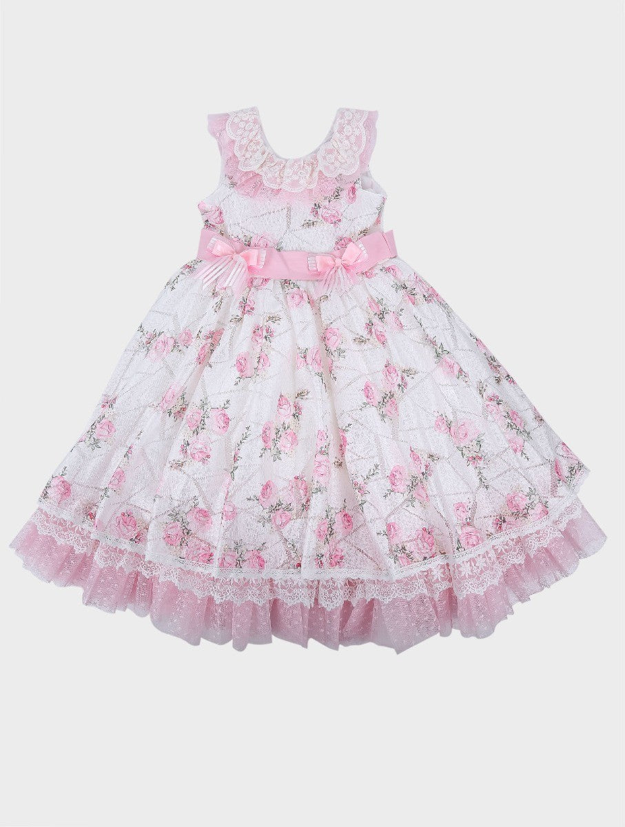 Robe sans Manches en Dentelle à Volants Floraux pour Filles - Blanc et Rose