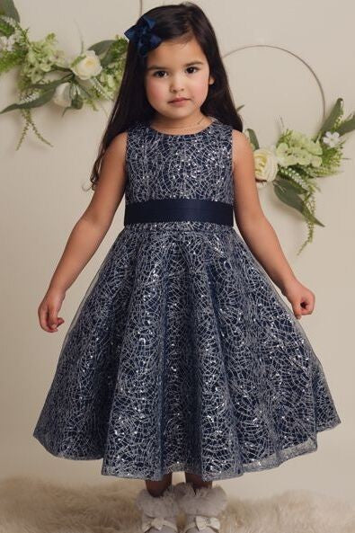 Girls Sparkly Embroidered Dress with Bow – CLIO - Navy Blue