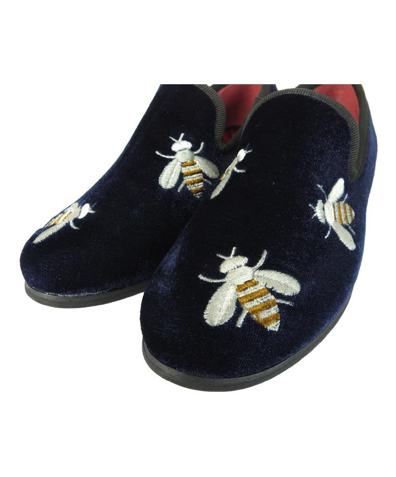 Mocassins en Velours Brodés d'Abeilles pour Garçons - Bleu Marine