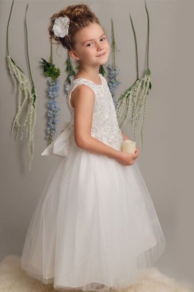 Girls Dress with Embroidery and Tulle Skirt - LYNN - Ivory