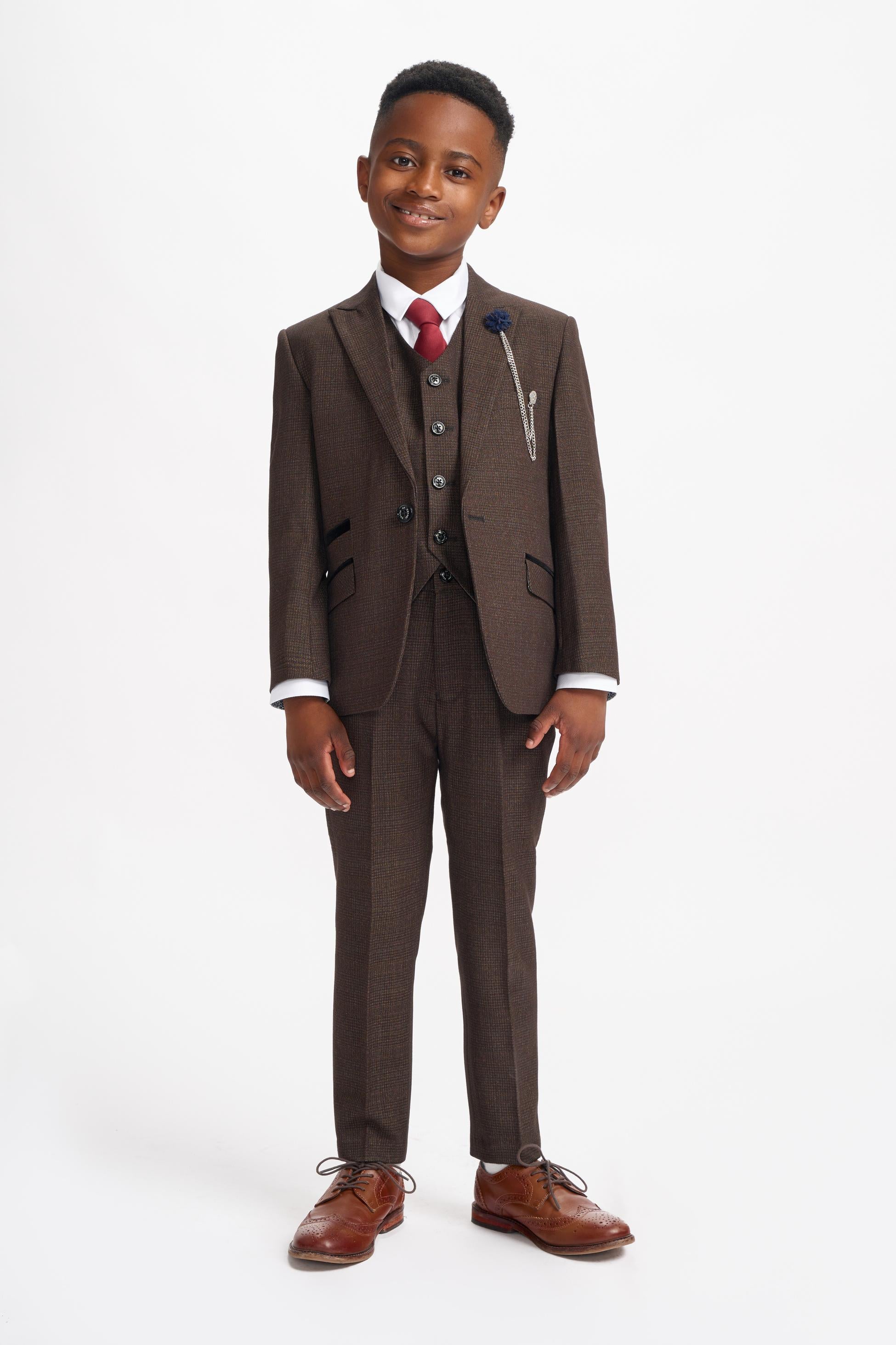 Jungen Slim Fit Tweed Karo Anzug - CARIDI - Braun