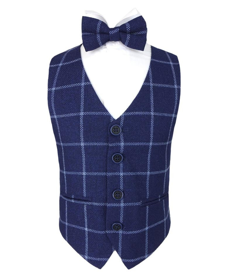 Boys Plaid Check Waistcoat Set - Navy Blue