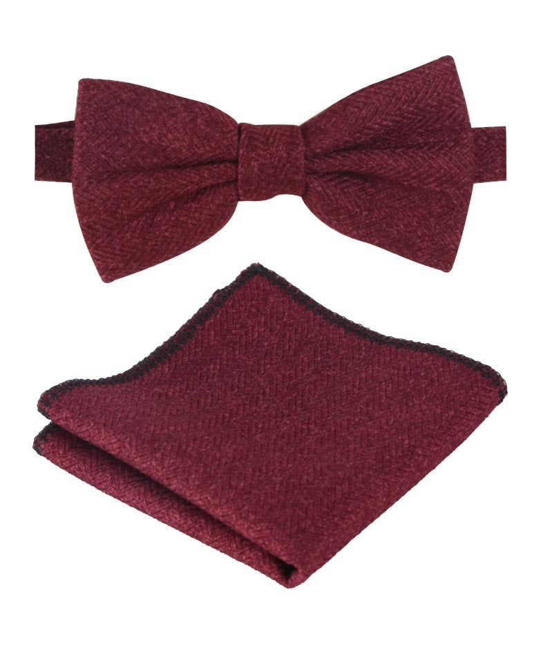 Boys & Men's Herringbone Tweed Bow Tie and Pocket Square - Burgundy