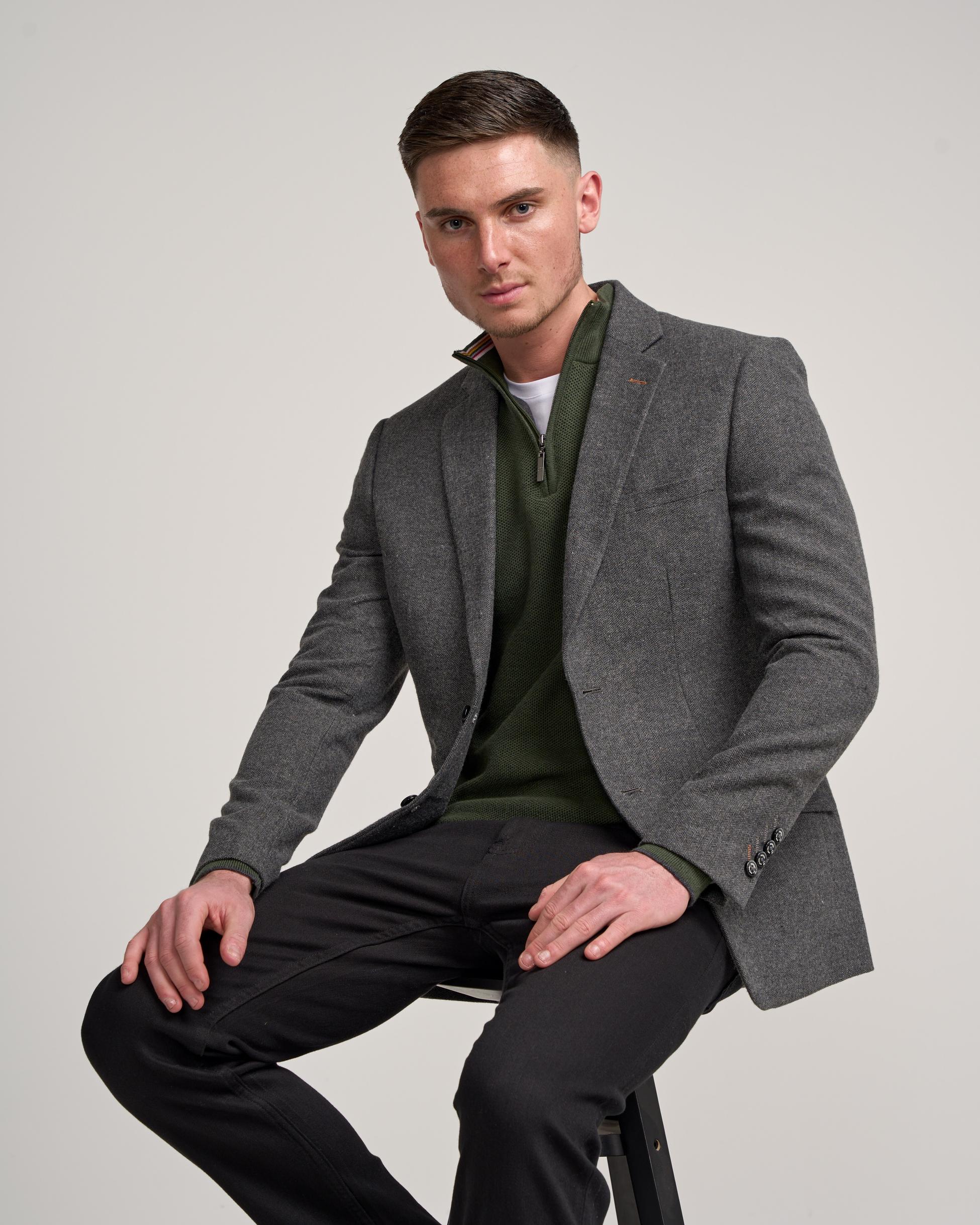 Herren Graues Fischgräten Tweed Anzugjacke - COSMO - Grau