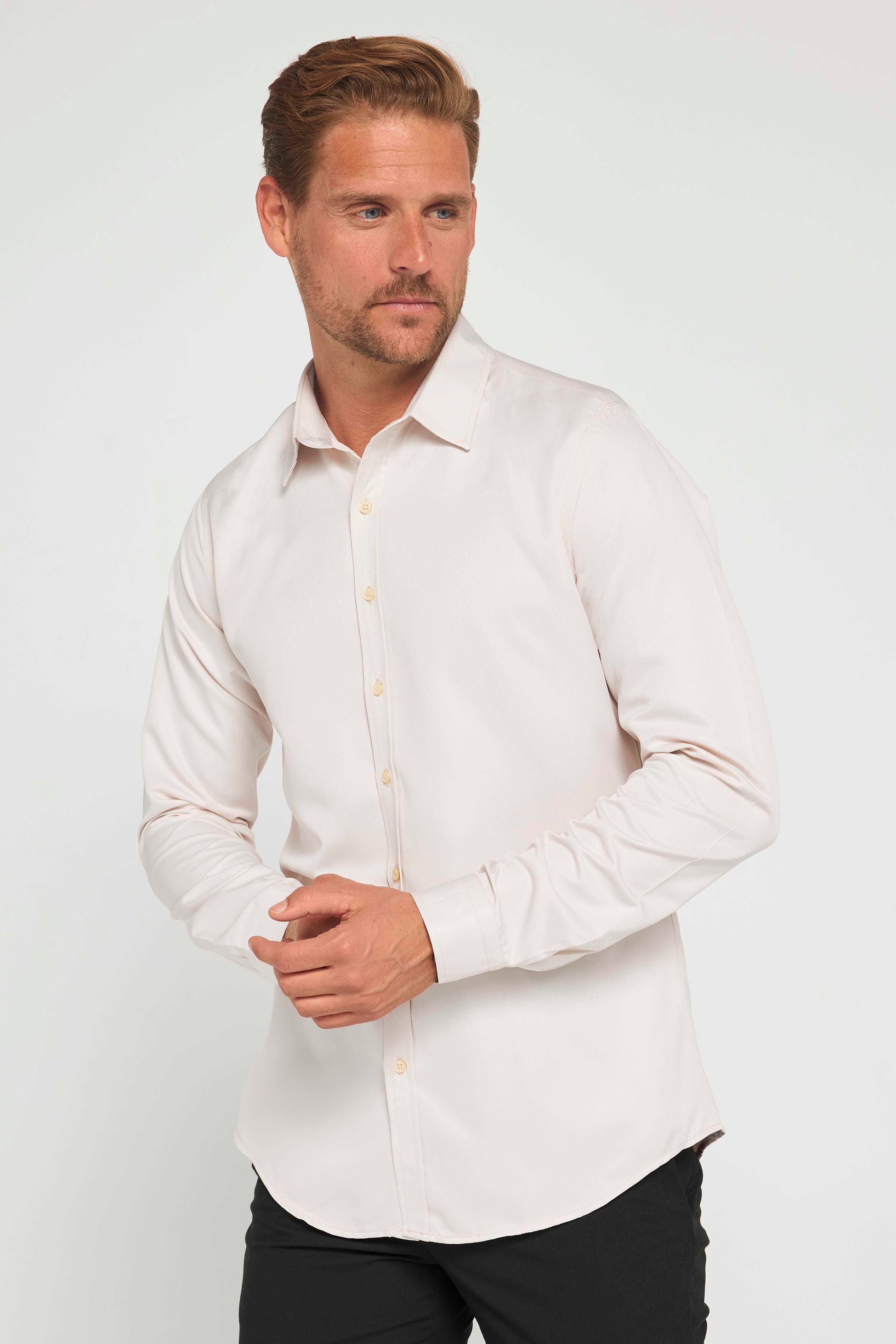 Herren Slim Fit Langarm Hemd - POLY - Steingrau