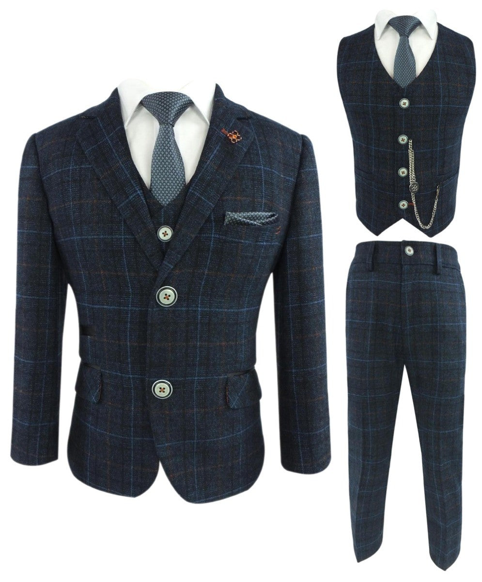 Costume en Tweed à Carreaux Windowpane pour Garçons - CODY Bleu - Bleu Marine