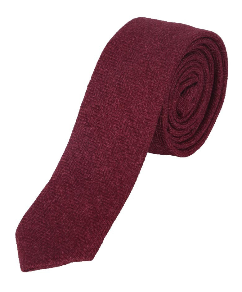 Boys & Men's Herringbone Tweed Tie & Pocket Square Set - Burgundy