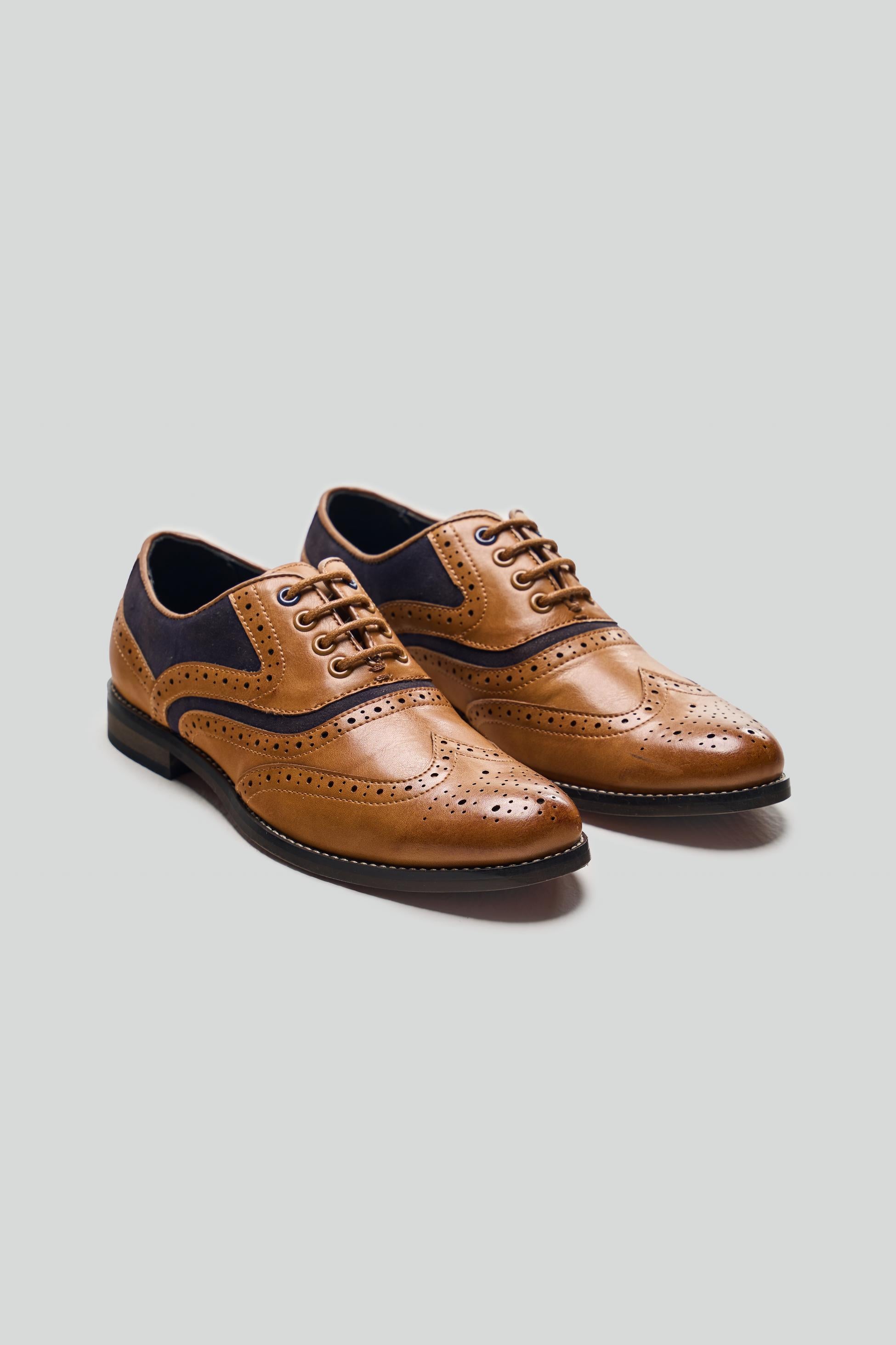 Chaussures Oxford brogue à lacets pour garçons - RUSSEL - Marron Tan - Bleu Marine