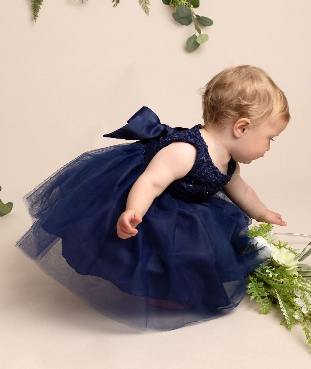 Baby Mädchen Kleid mit Blumenoberteil & Schleife - PC-1025 - Navyblau