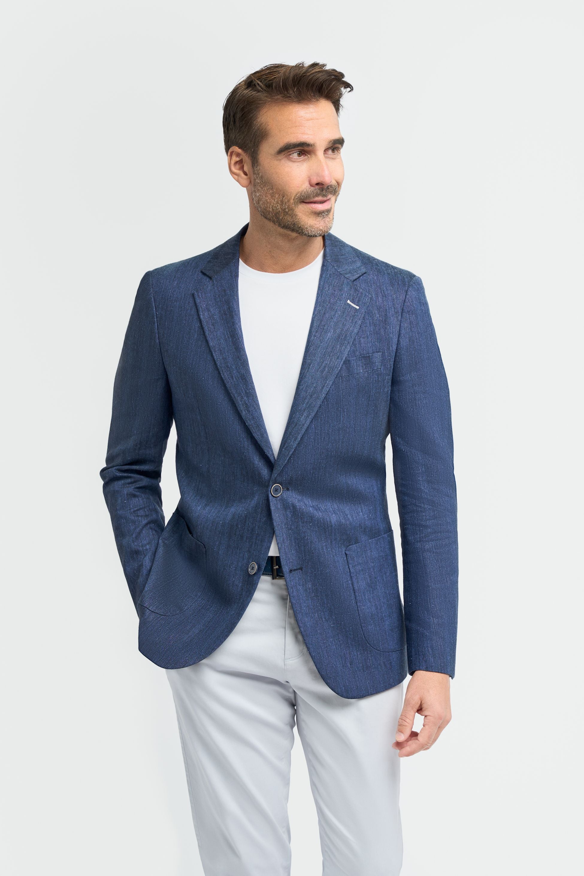 Blazer en lin à poche à rabat en herringbone pour hommes - Luigi - Bleu Marine