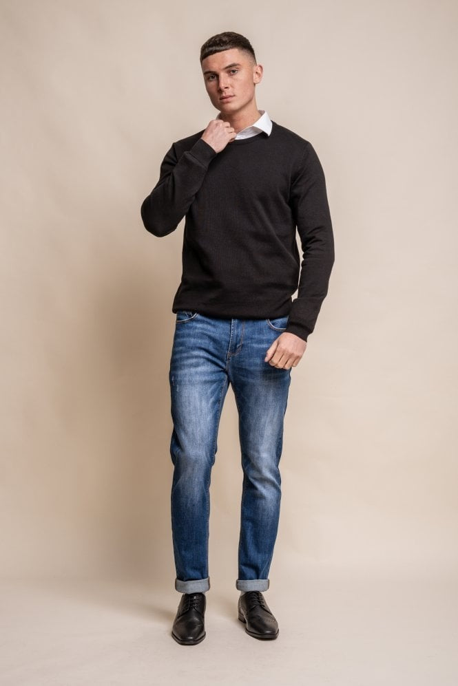 Pull en coton ajusté à col rond pour hommes - Noir