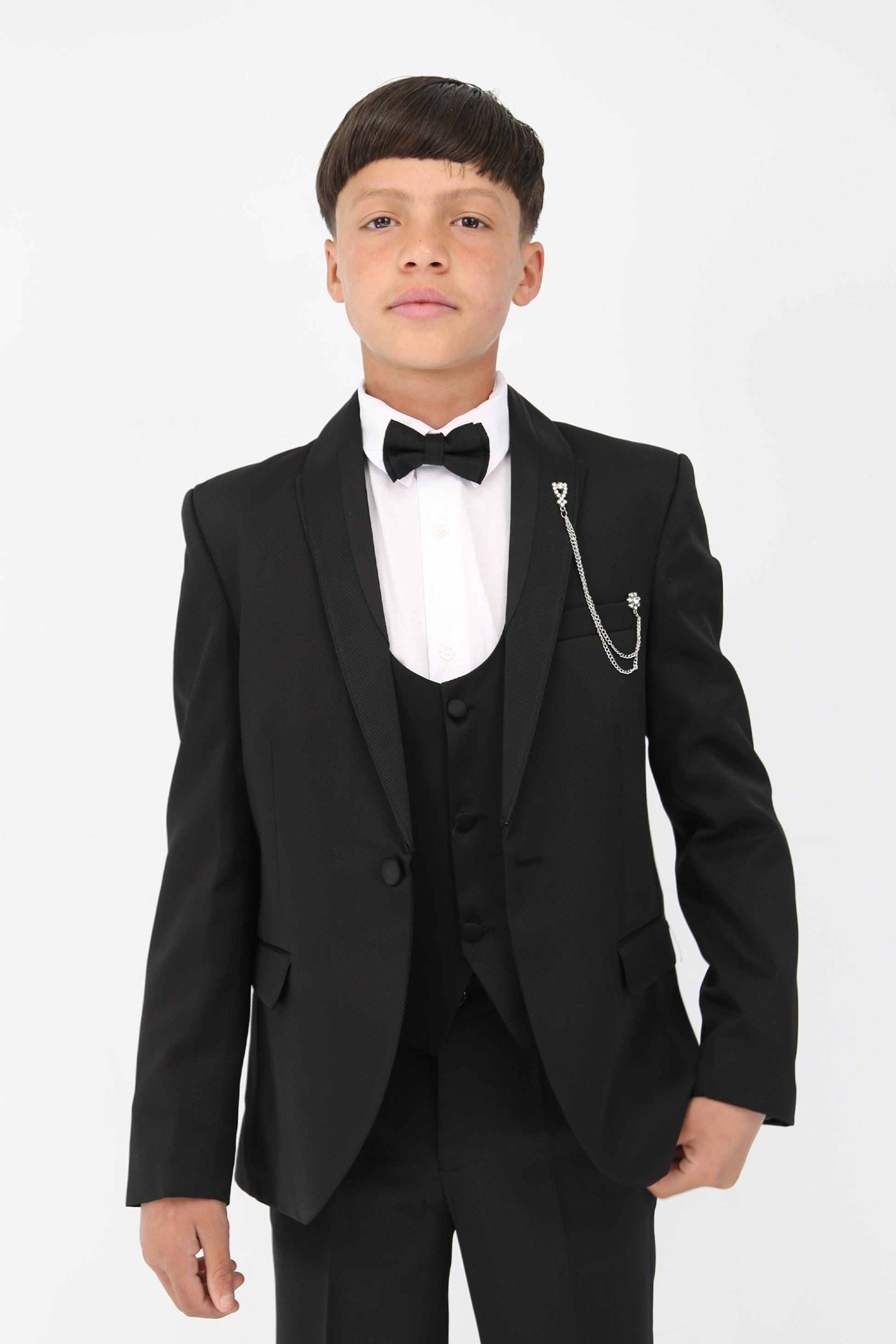 Boys' Satin Shawl Lapel Self-Patterned Tuxedo Suit, 6-Piece Set - Black