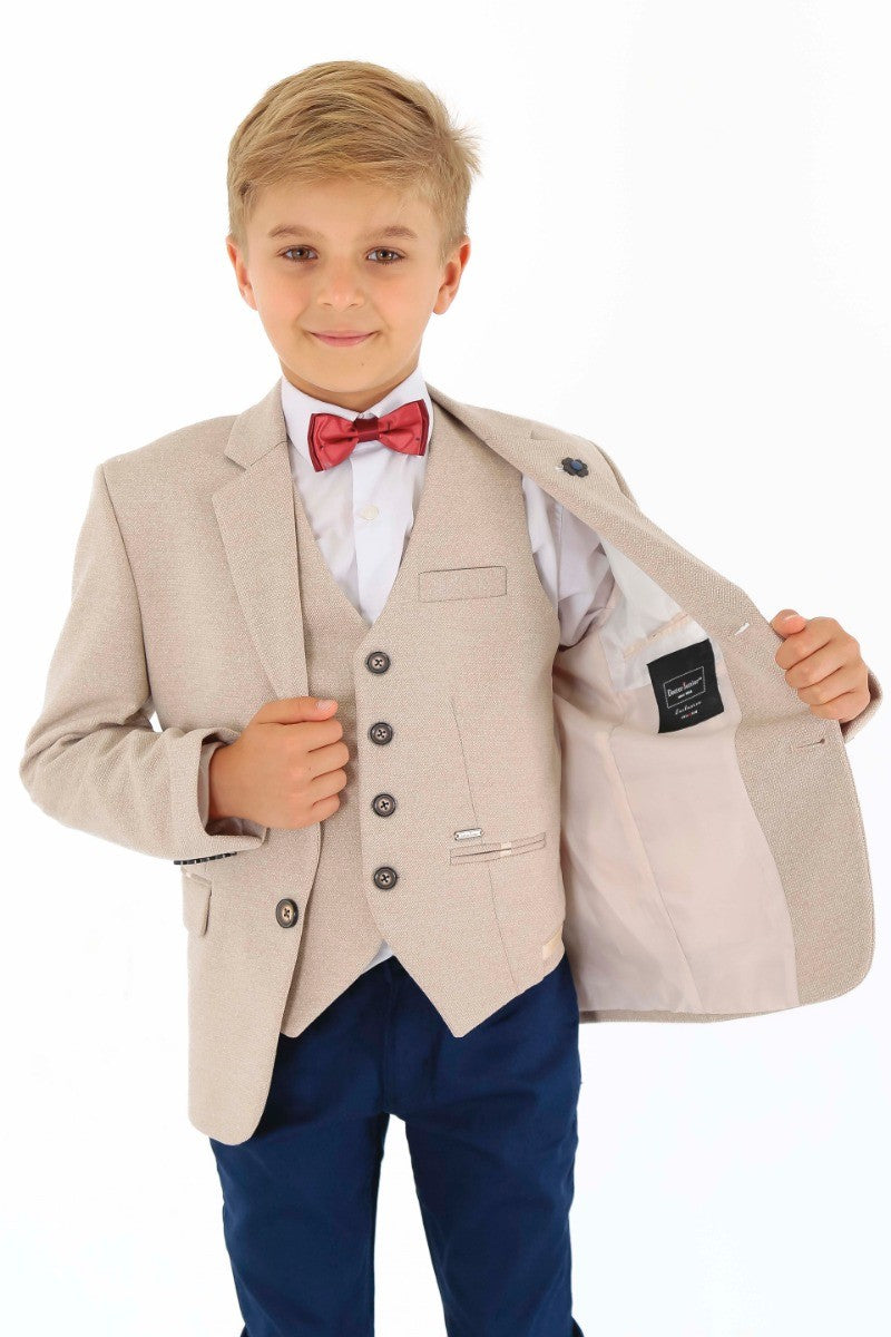 Jungen Baumwoll Slim Fit Blazer und Westen-Set - Frank - Beige