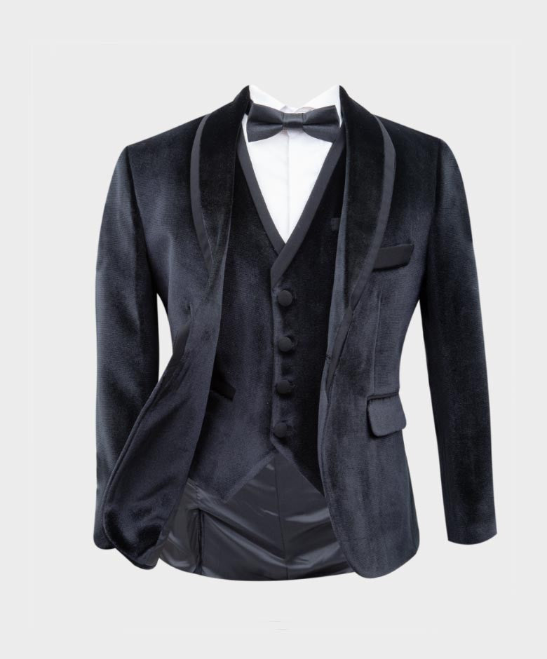 Boys Sheen Lapel Velvet Tuxedo Suit - Black