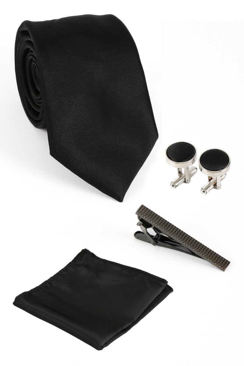 Ensemble cravate et boutons de manchette satin 4 pièces - Noir