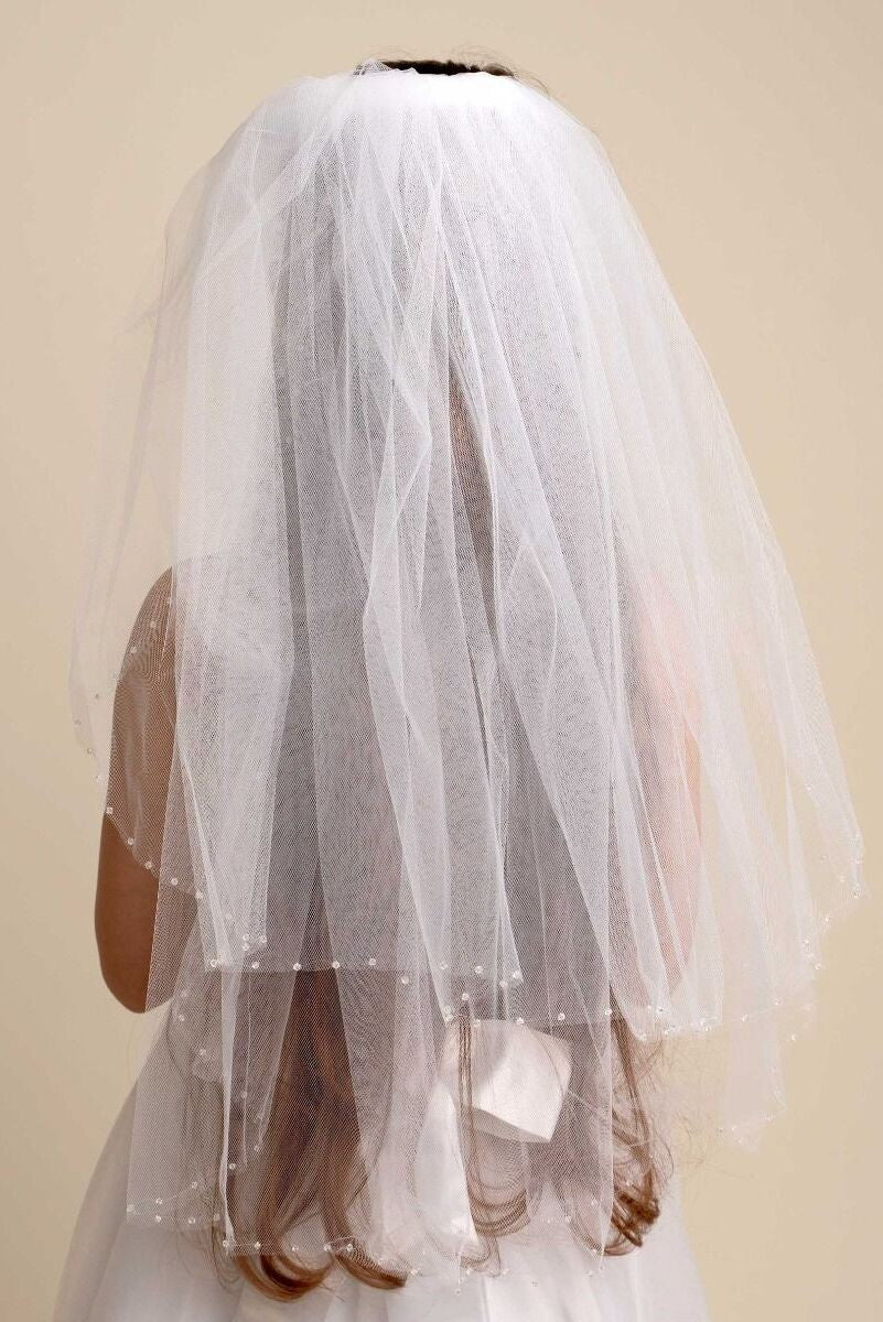 Voile en tulle blanc avec bordure ornée superposée pour filles - VL131