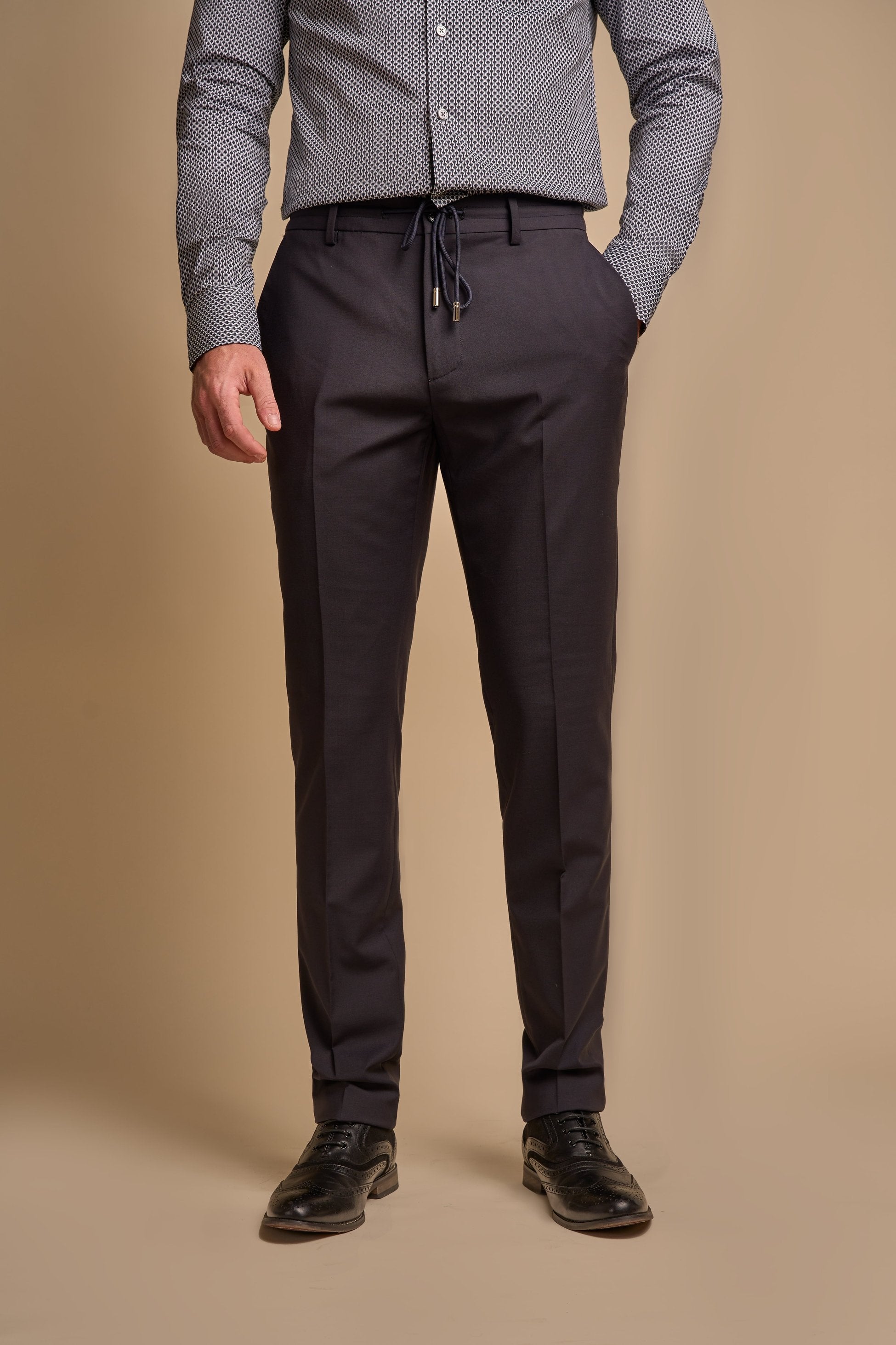 Men's Slim Fit Bi-Stretch Wool Blend Trousers - AMADEUS - Navy Blue