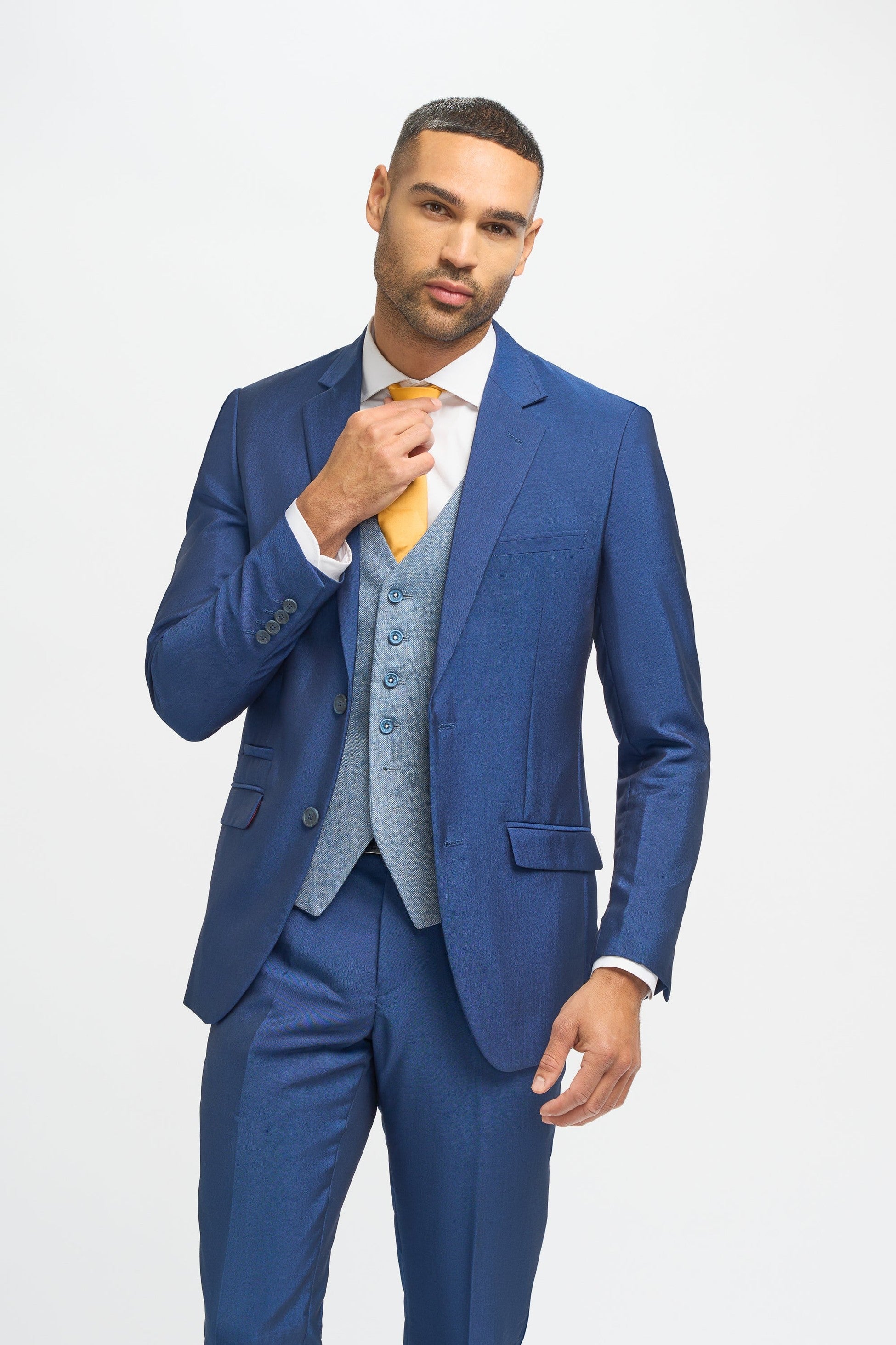 Costume de mariage slim fit bleu royal 3 pièces avec gilet en tweed bleu clair pour hommes - Bleu Royal