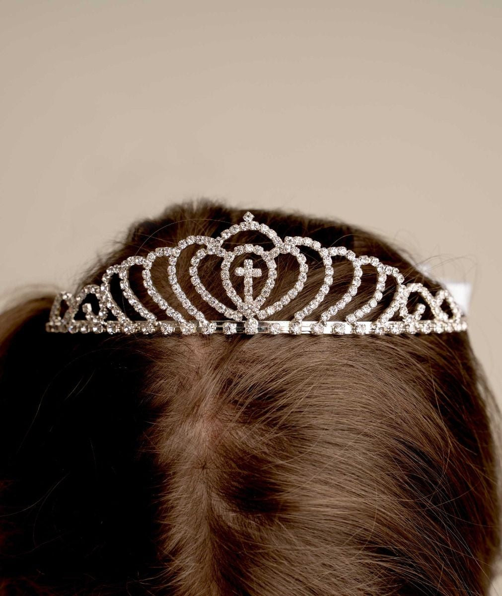 Mädchen Weißer Kristall Kreuz Tiara Schleier - CMV802