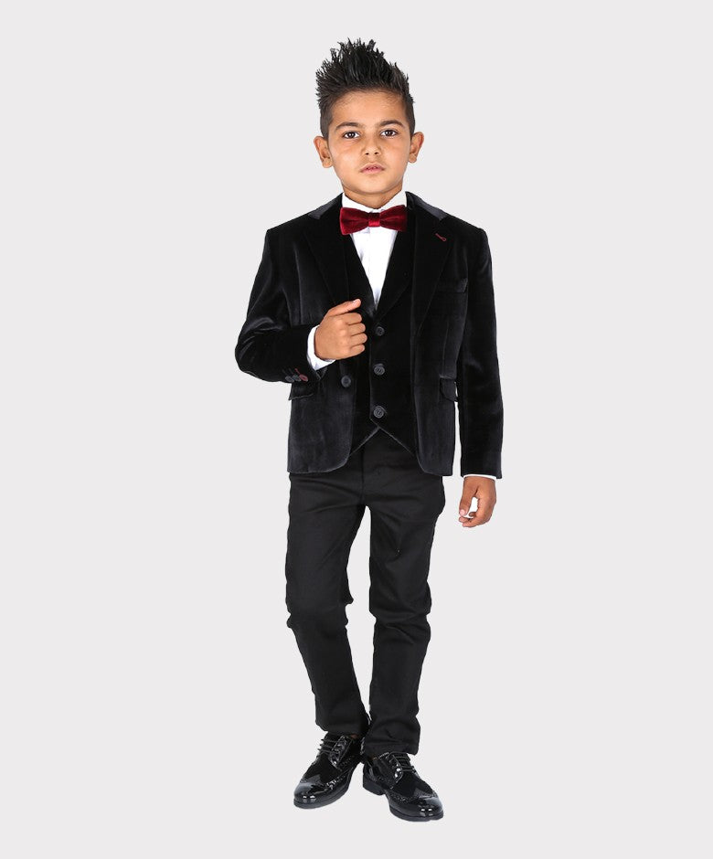 Boys Tailored Fit Velvet Blazer with Elbow Patches - Black