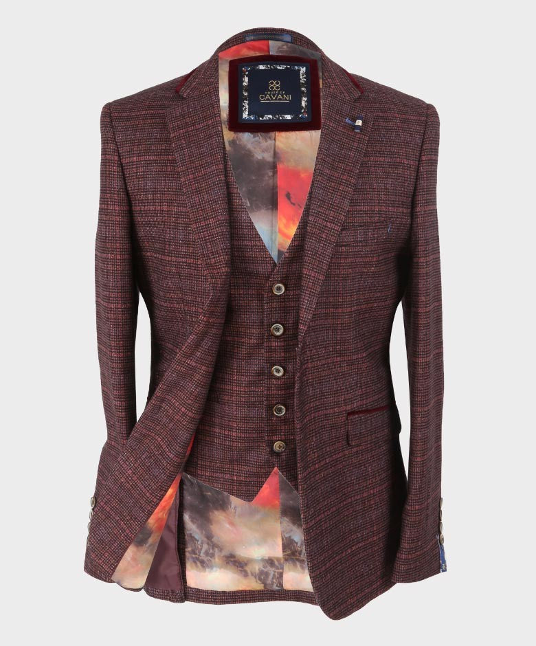 Herren Slim Fit Retro Tweed Blazer - CARLY - Weinrot