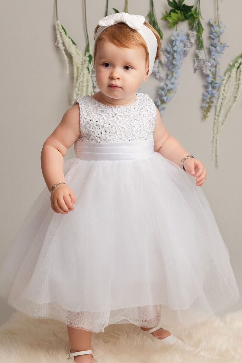 Baby Mädchen Kleid mit Blumenoberteil & Schleife - PC-1025 - Elfenbein