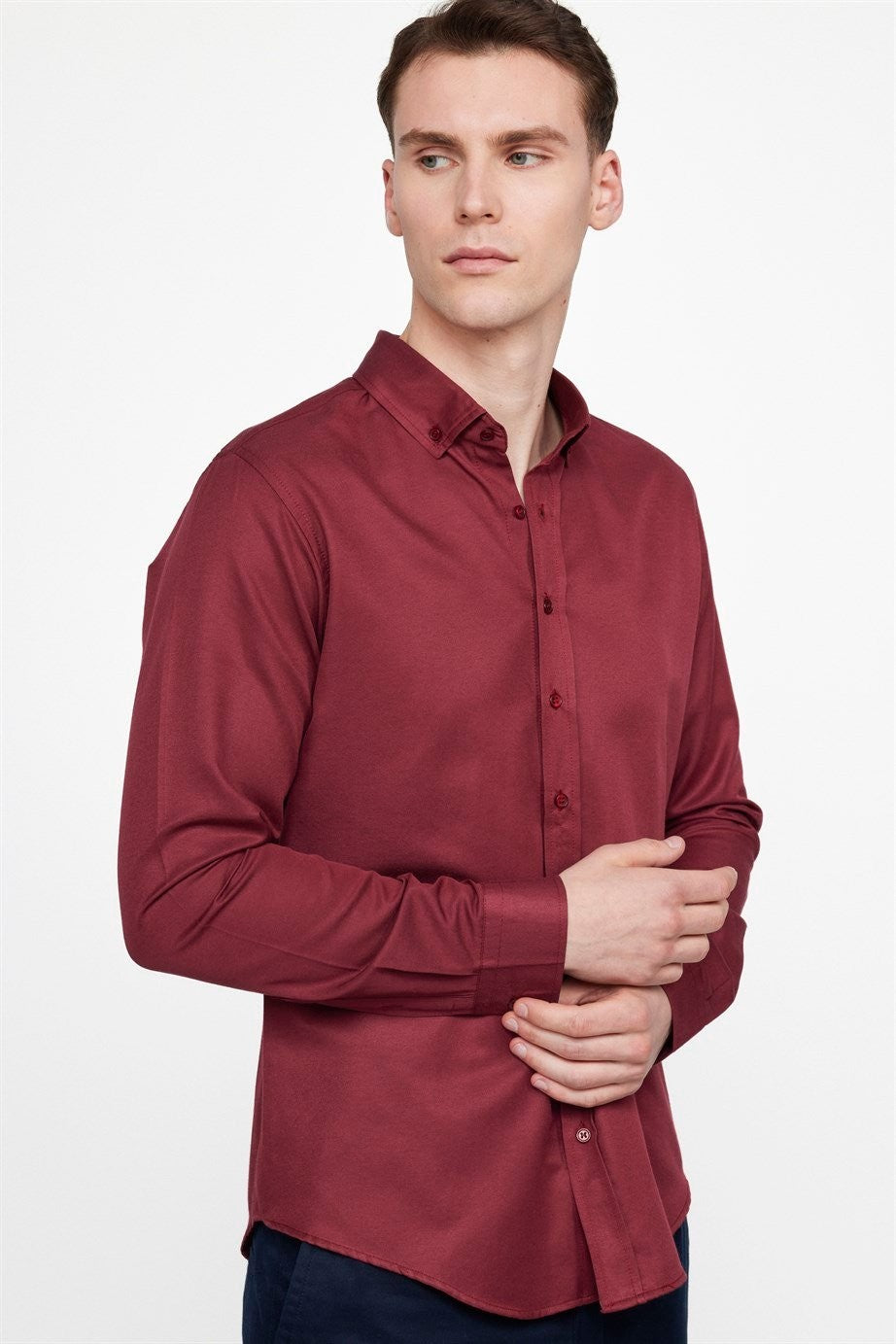 Men's Slim Fit Cotton Button-Down Oxford Shirt - GABARDIN - Burgundy