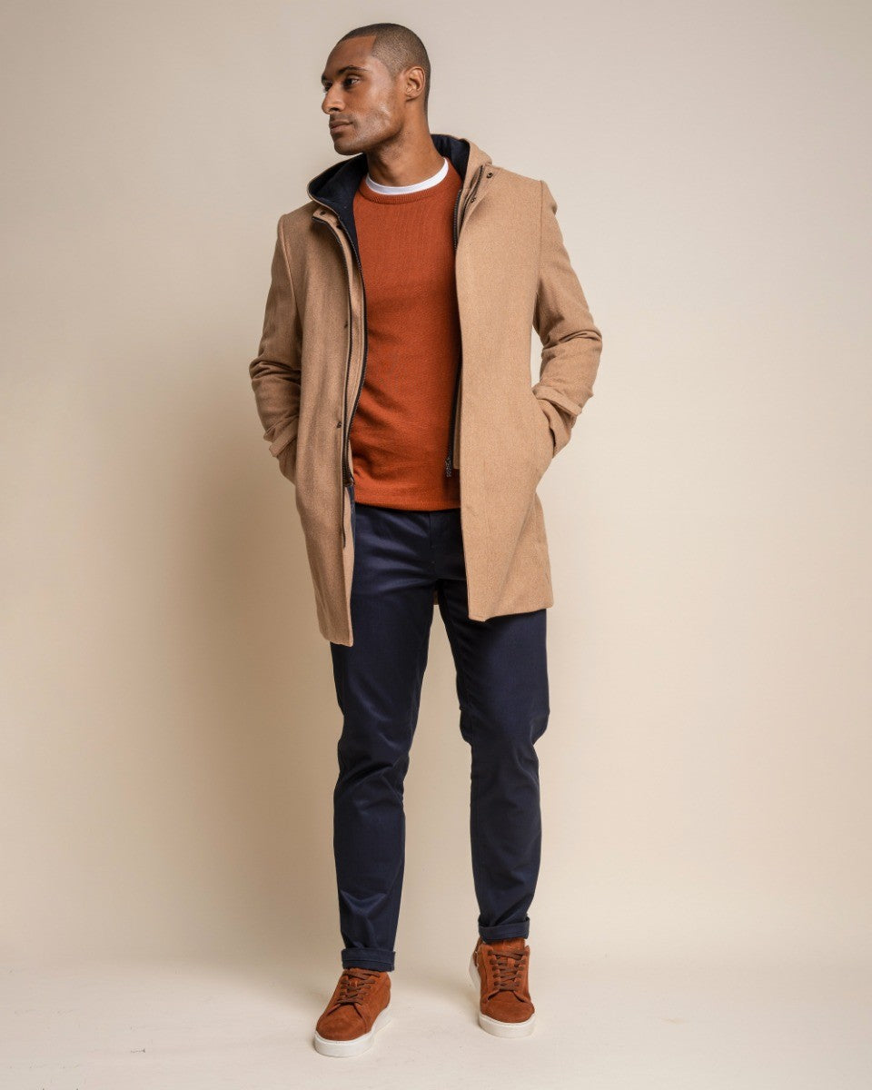 Manteau à capuche en laine mélangée pour hommes - MICHIGAN - Beige camel