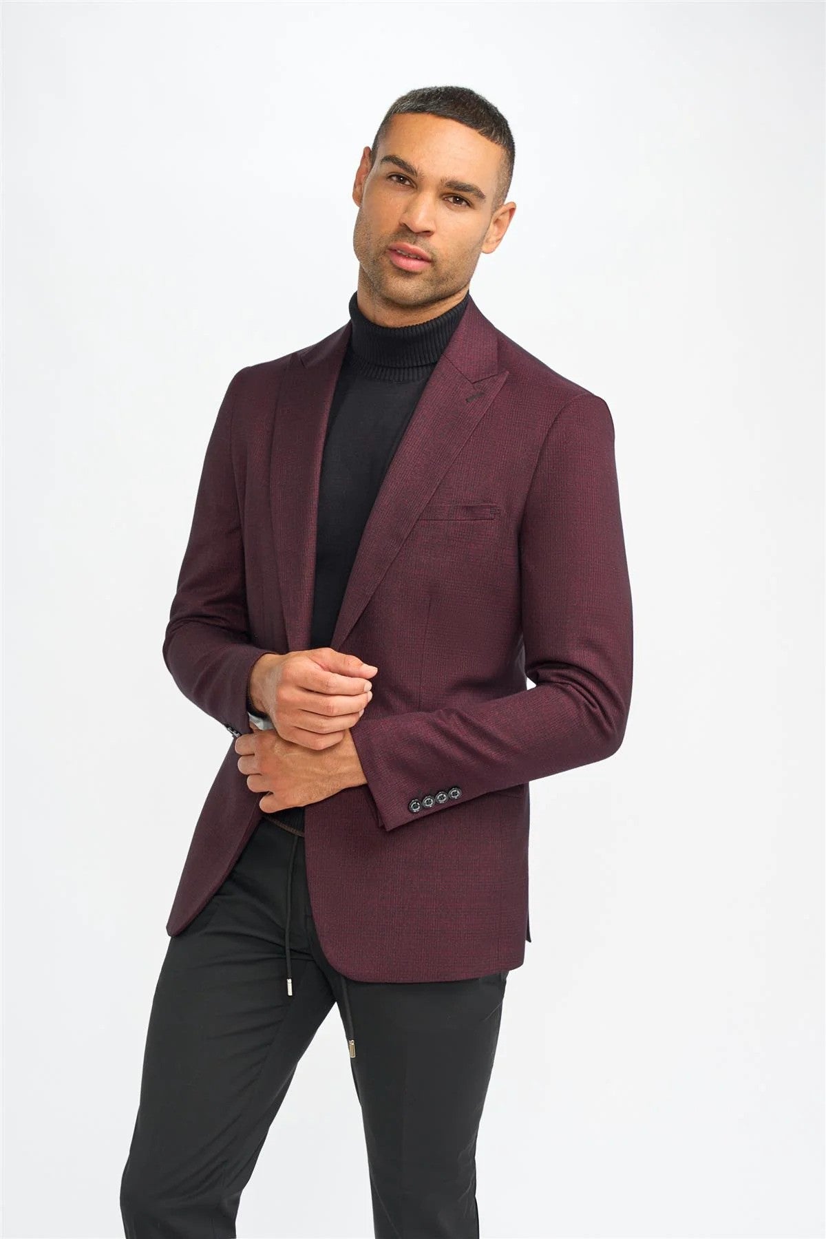 Herren Slim Fit Tweed Karo Anzug Jacke - CARIDI WINE - Wein