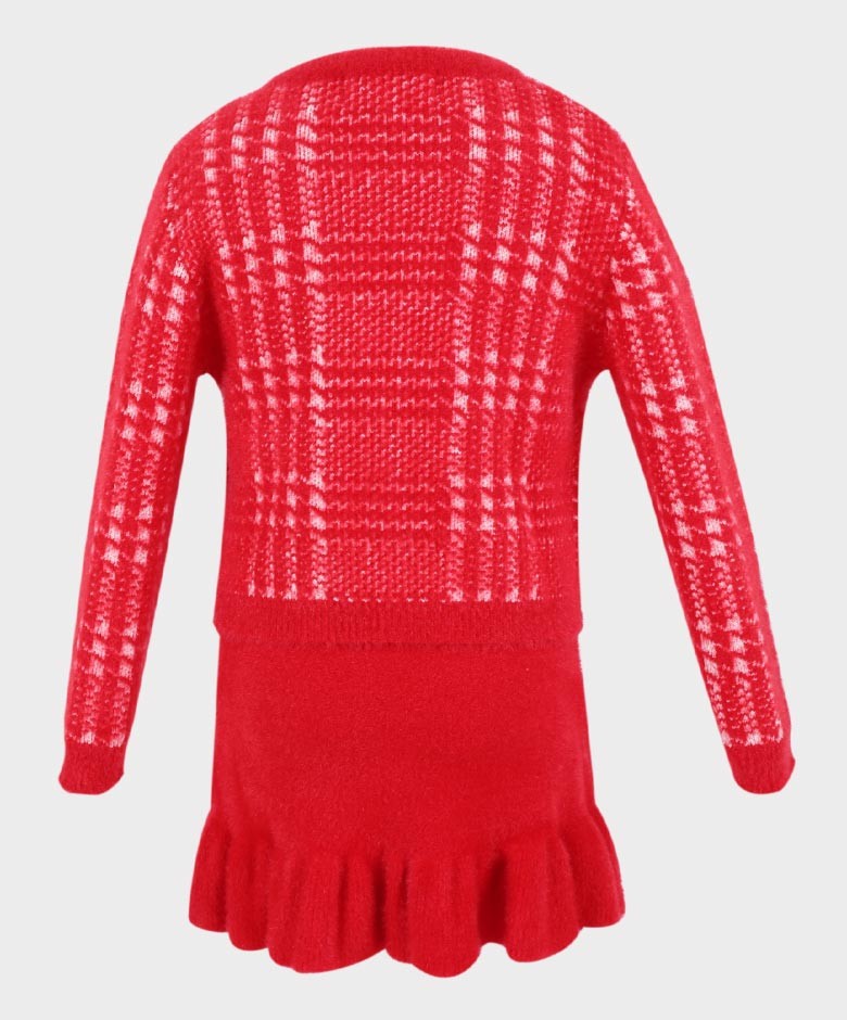 Ensemble Robe et Cardigan en Tweed à Chevrons pour Filles - Rouge