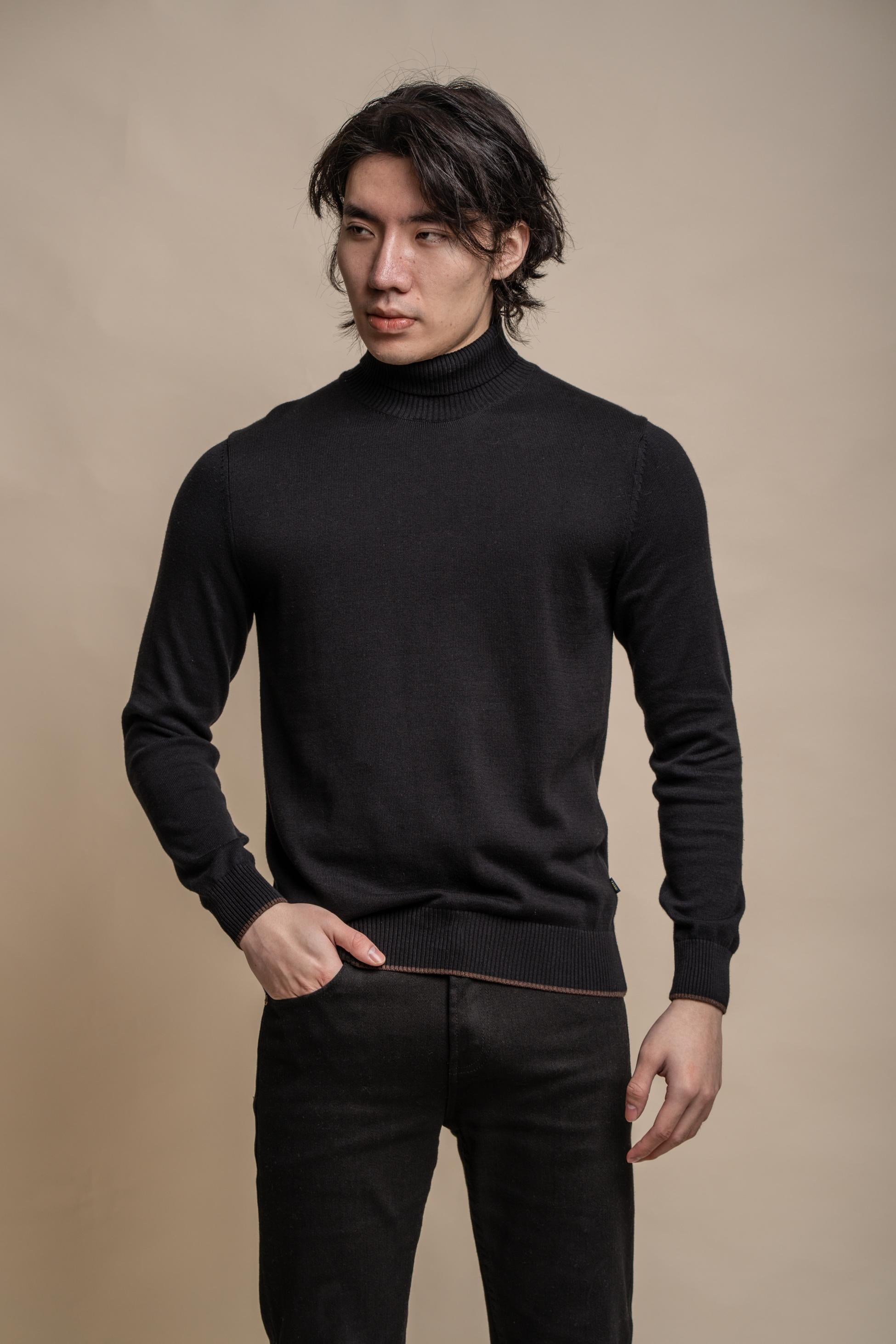 Herren Baumwoll Rollkragen Pullover - KARRIS - Schwarz