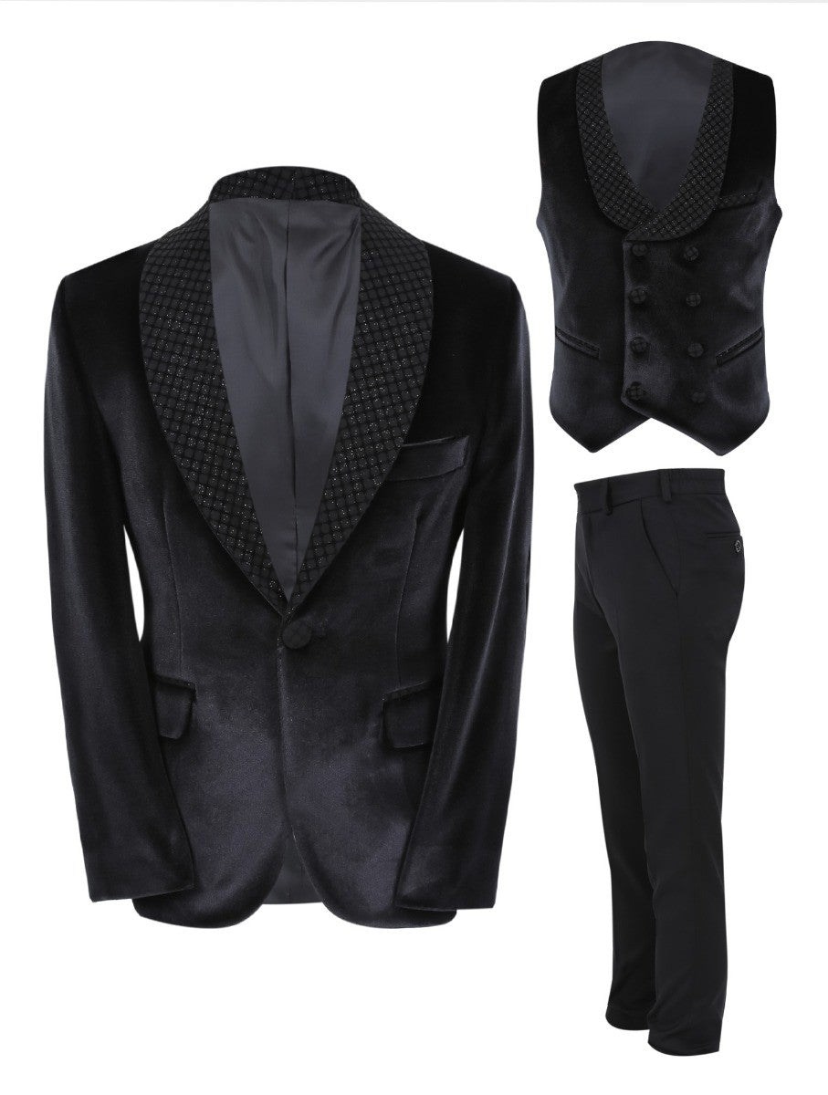 Ensemble Costume de Smoking en Velours Slim Fit pour Garçons - Noir