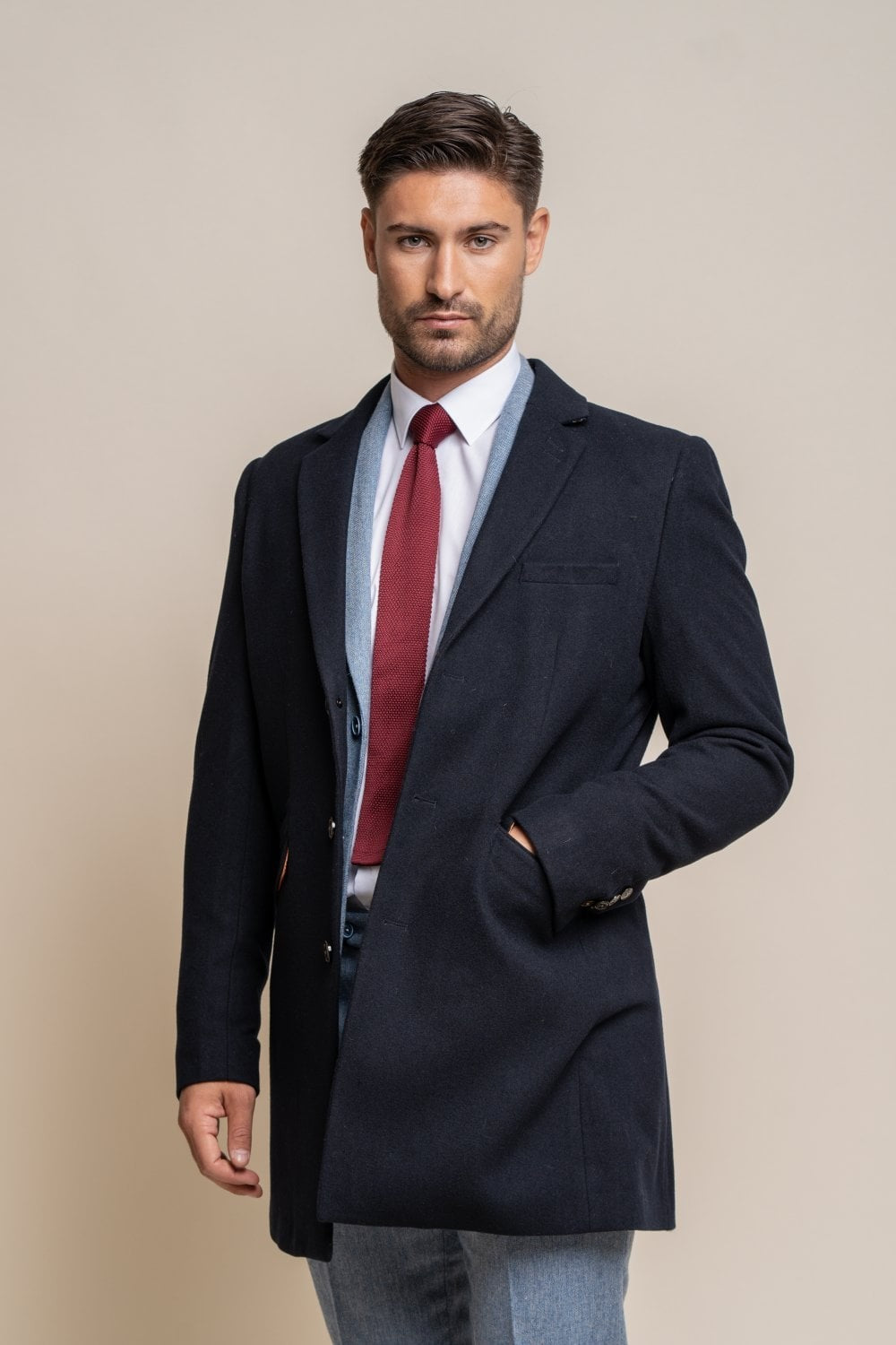 Men's Wool Midi Coat - ROMAN - Navy Blue