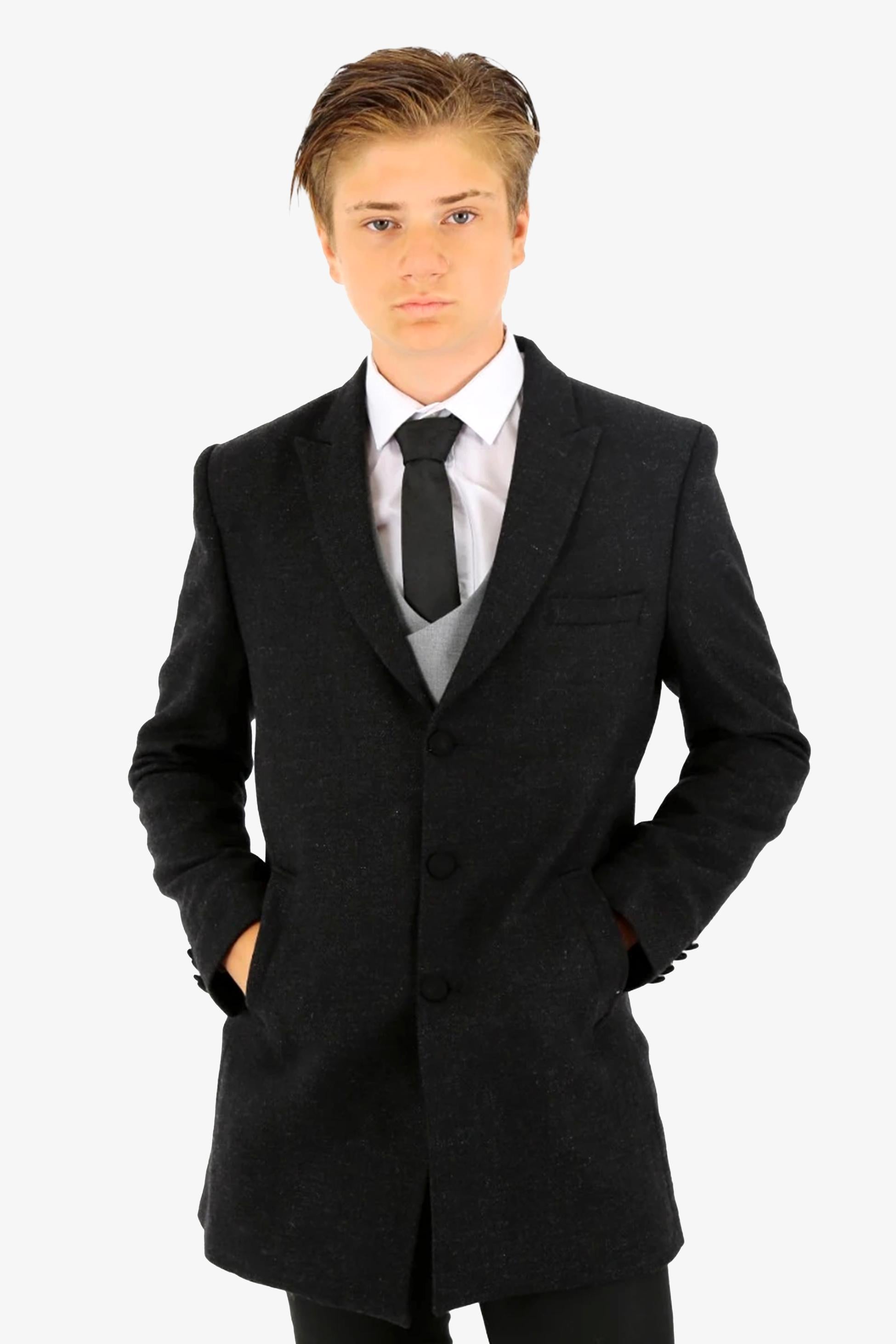 Manteau d'Hiver Midi en Chevrons Tailored Fit pour Garçons - Noir