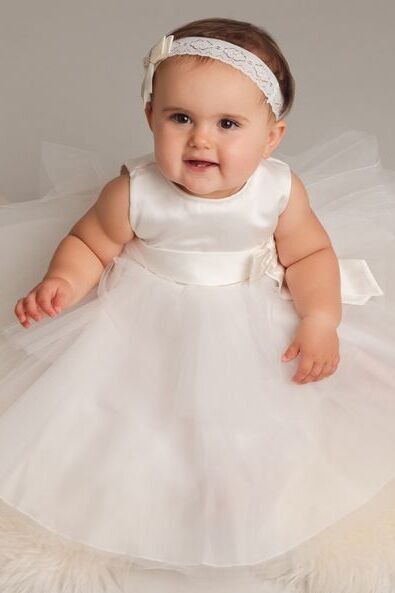 Baby Mädchen Taufkleid mit Satin Schleife - K038 - Elfenbein