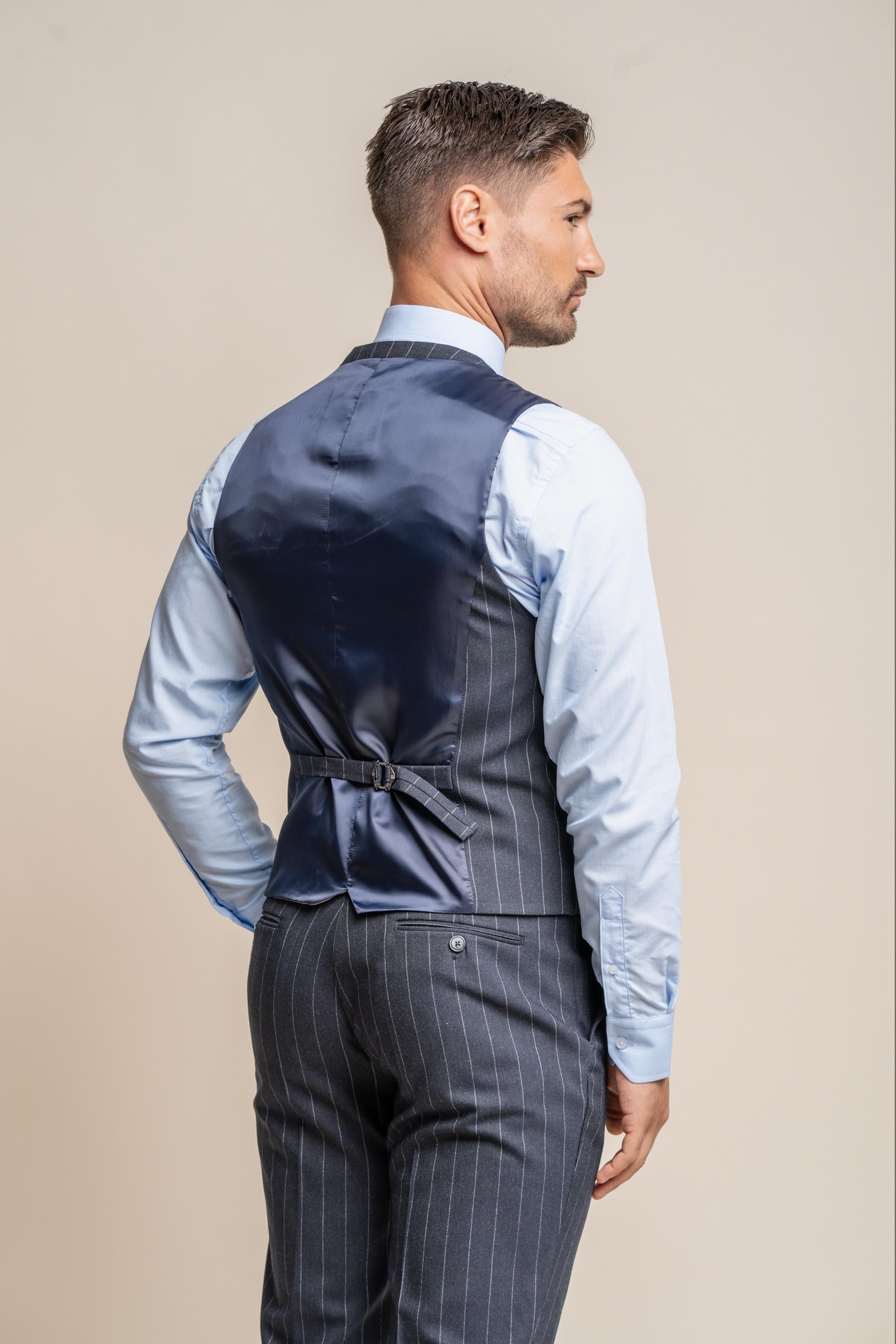 Men's Pinstripe Slim Fit Navy Blue Waistcoat - INVINCIBLE - Navy Blue