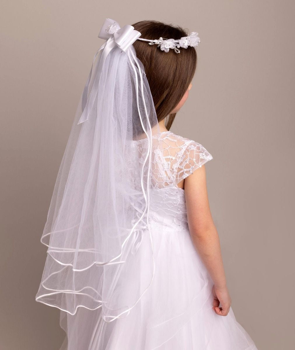 Mädchen Weißer Floraler Tiara & Schleifen Schleier - CMV-2330