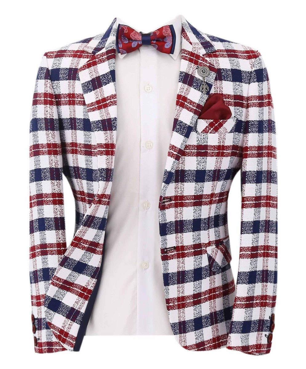 Blazer Formel à Carreaux en Coton Rétro Slim Fit pour Garçons - Bordeaux