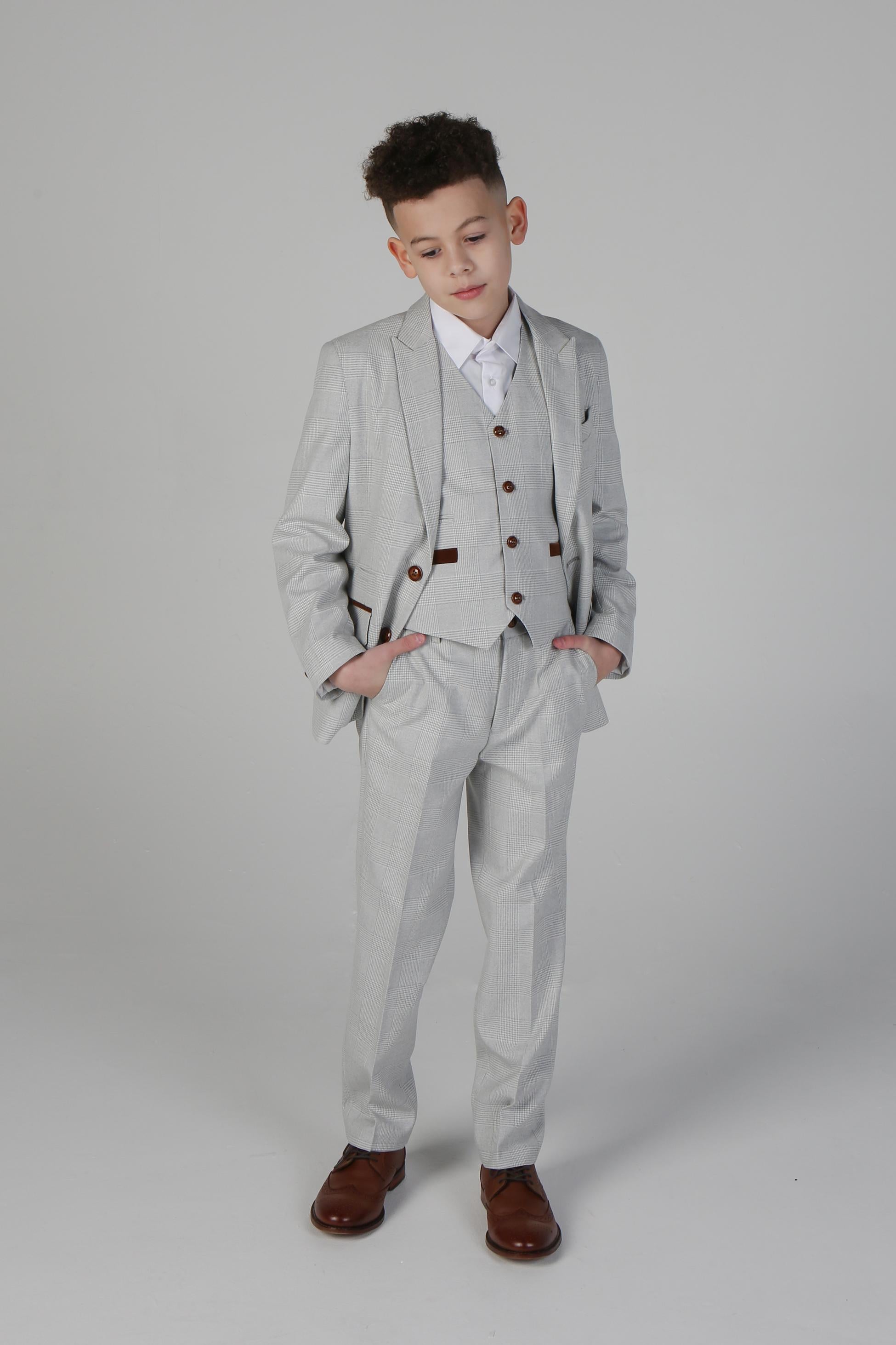 Jungen Schlank geschnittener Tweed Karo Anzug - MARK - Steinbeige