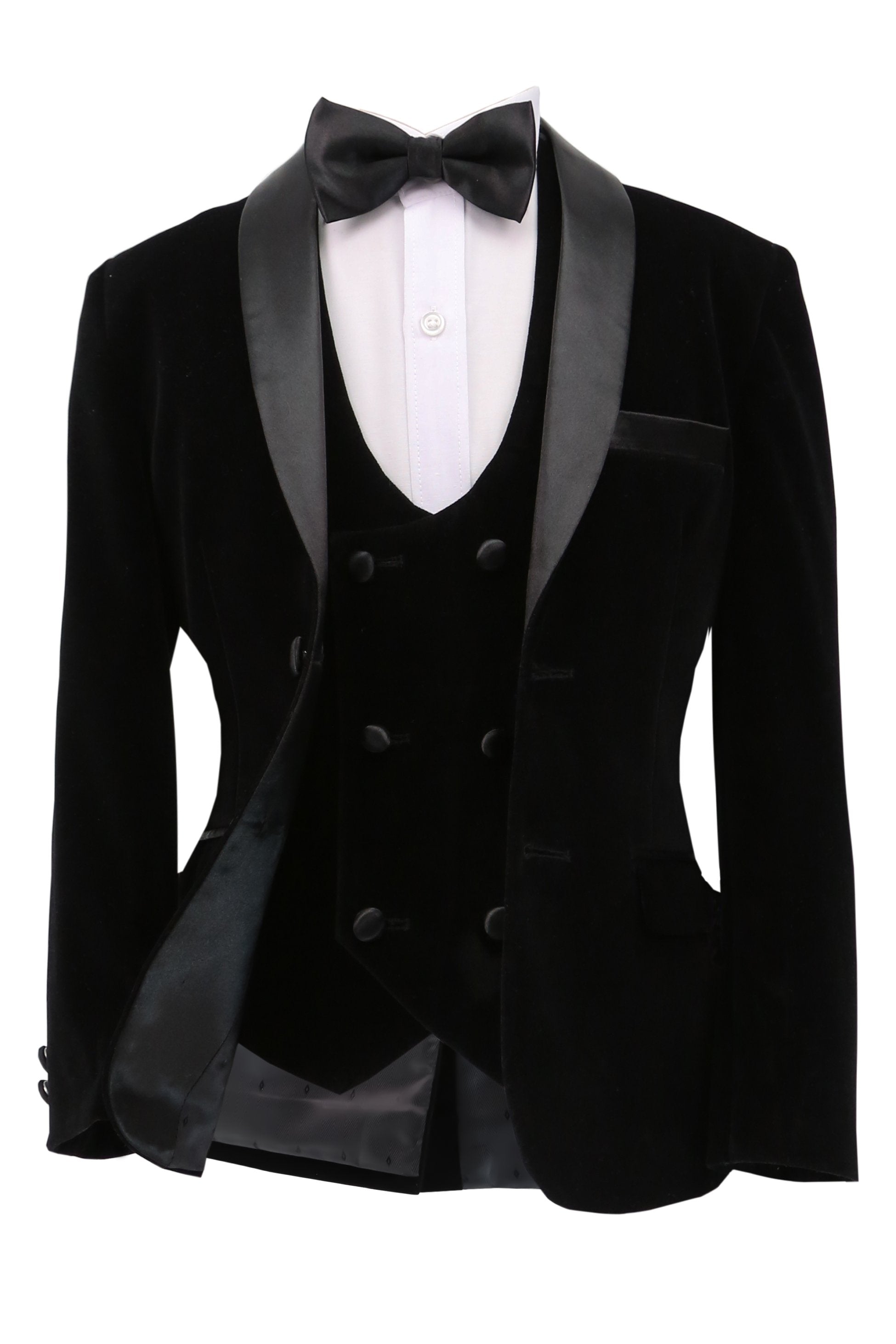 Boys Velvet Tuxedo Suit with Double-breasted Vest - Black