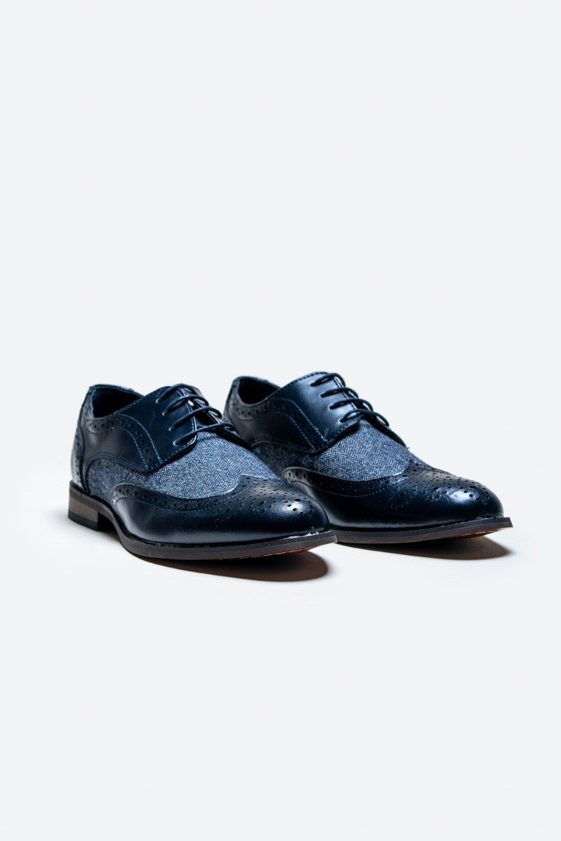 Chaussures Derby rétro en cuir et tweed pour hommes - Oliver - Bleu Marine