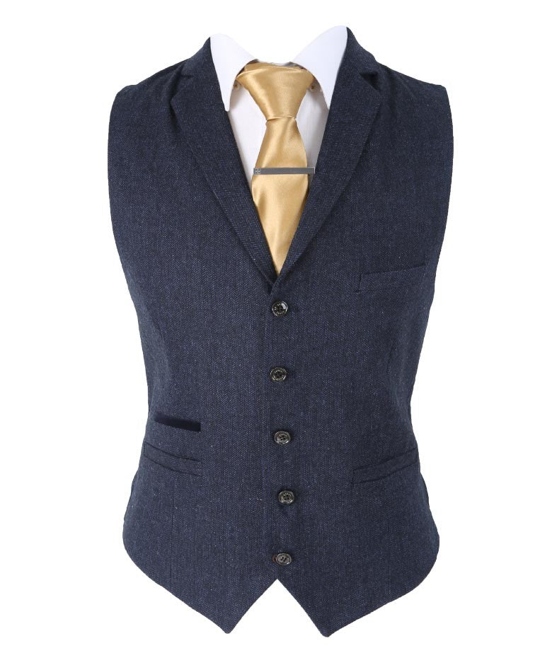 Men's Herringbone Tweed Slim Fit Waistcoat - MARTEZ - Navy Blue