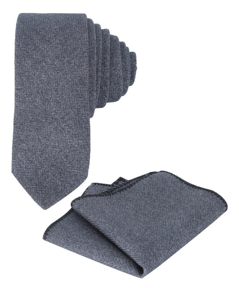 Ensemble Cravate et Mouchoir de Poche en Tweed à Motif Chevron pour Garçons et Hommes - Gris