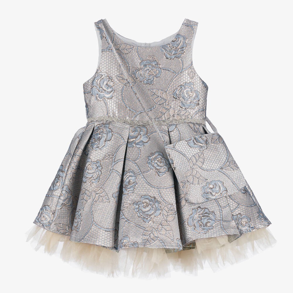 Robe plissée en jacquard bleu avec nœud pour filles - Sana - Bleu