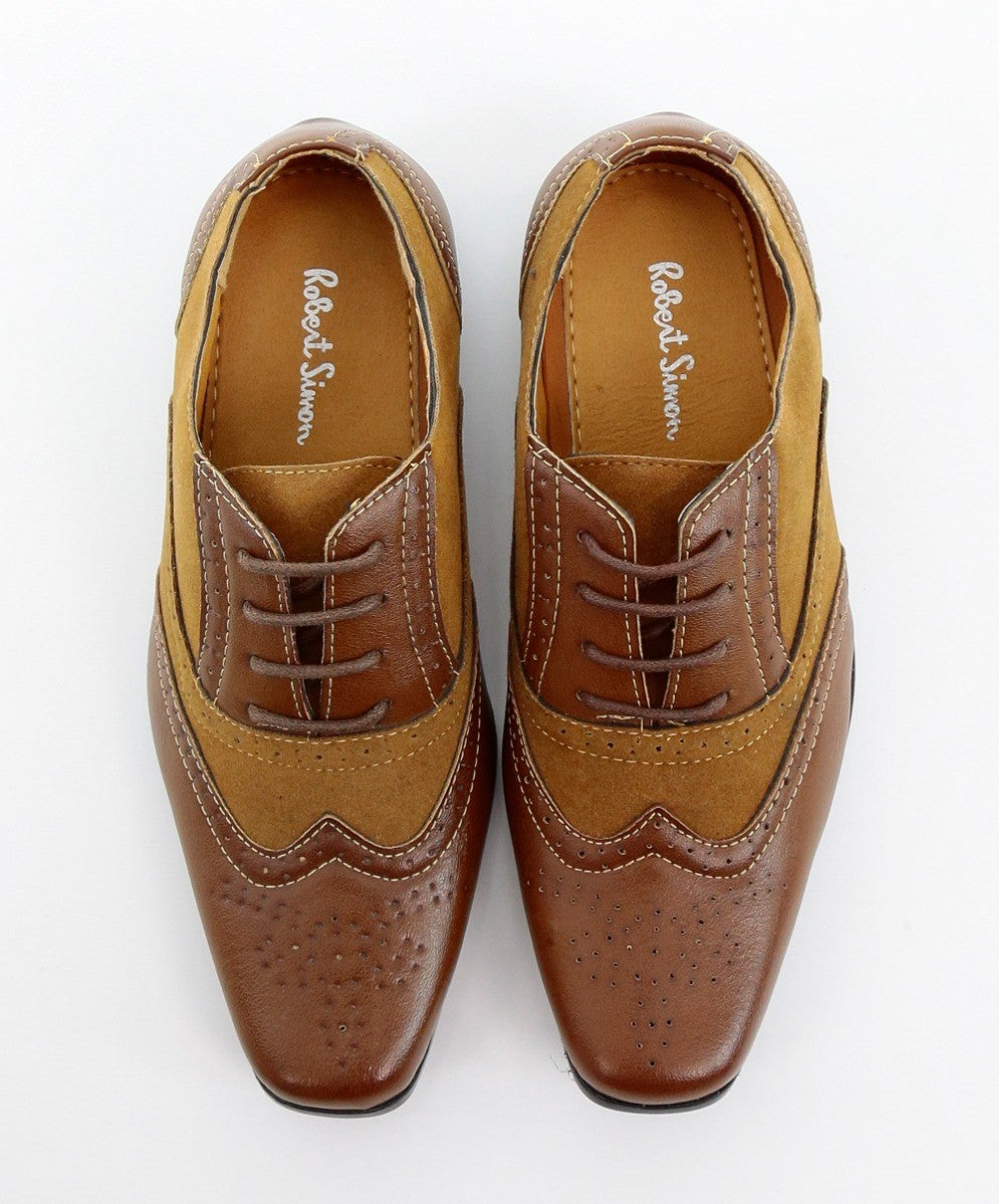 Chaussures Oxford Brogue en Cuir et Suède pour Garçons - CHESTER - Marron Clair