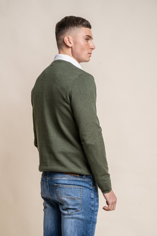 Pull en coton ajusté à col rond pour hommes - Vert Olive