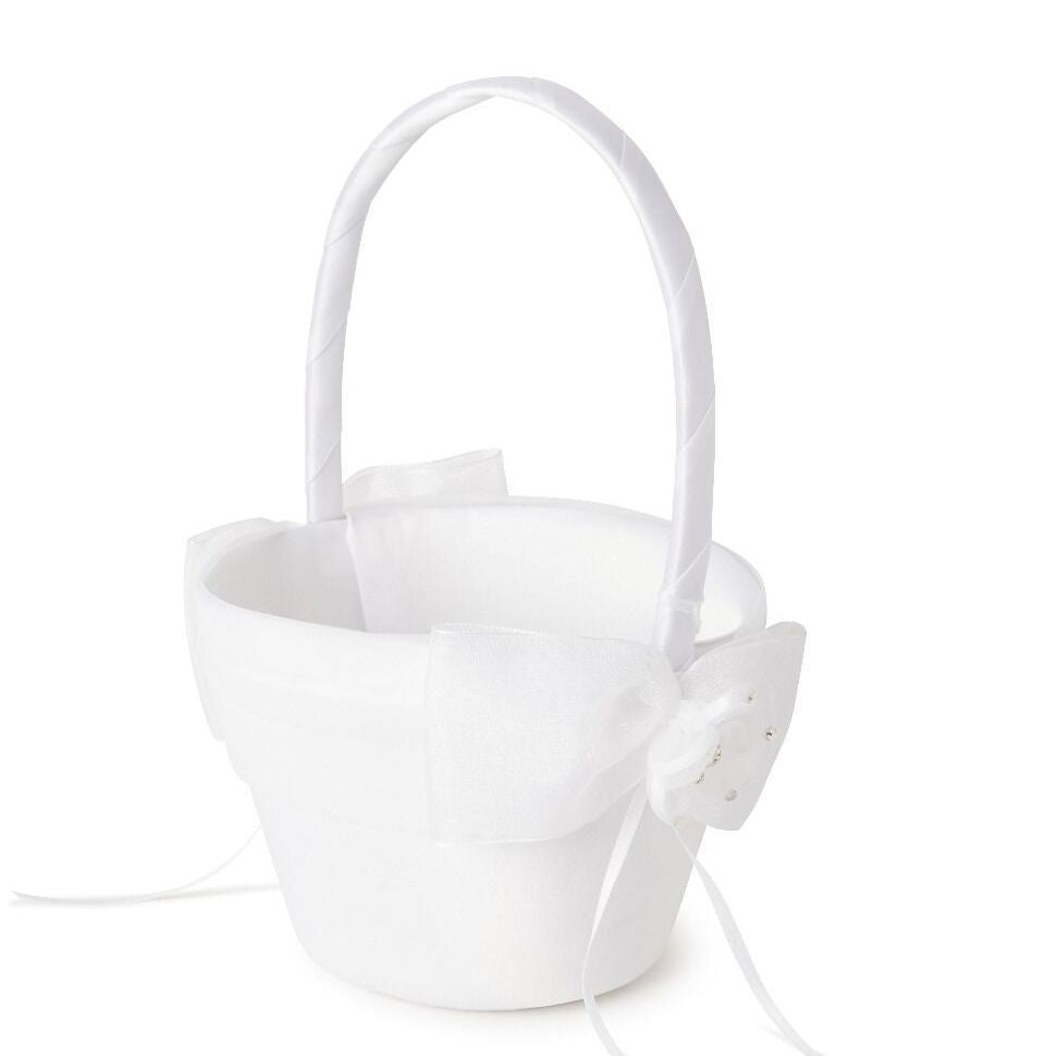 Flower Girl Basket with Bow and Pearl Accents - GBK115 - White