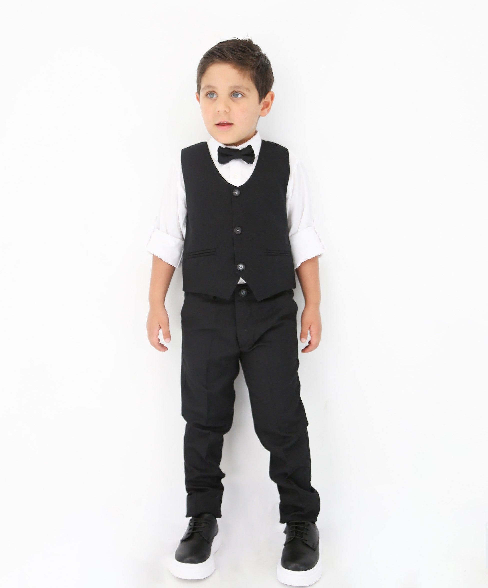 Boys' Slim Fit Textured Waistcoat Suit Set, Formal Outfit - Black