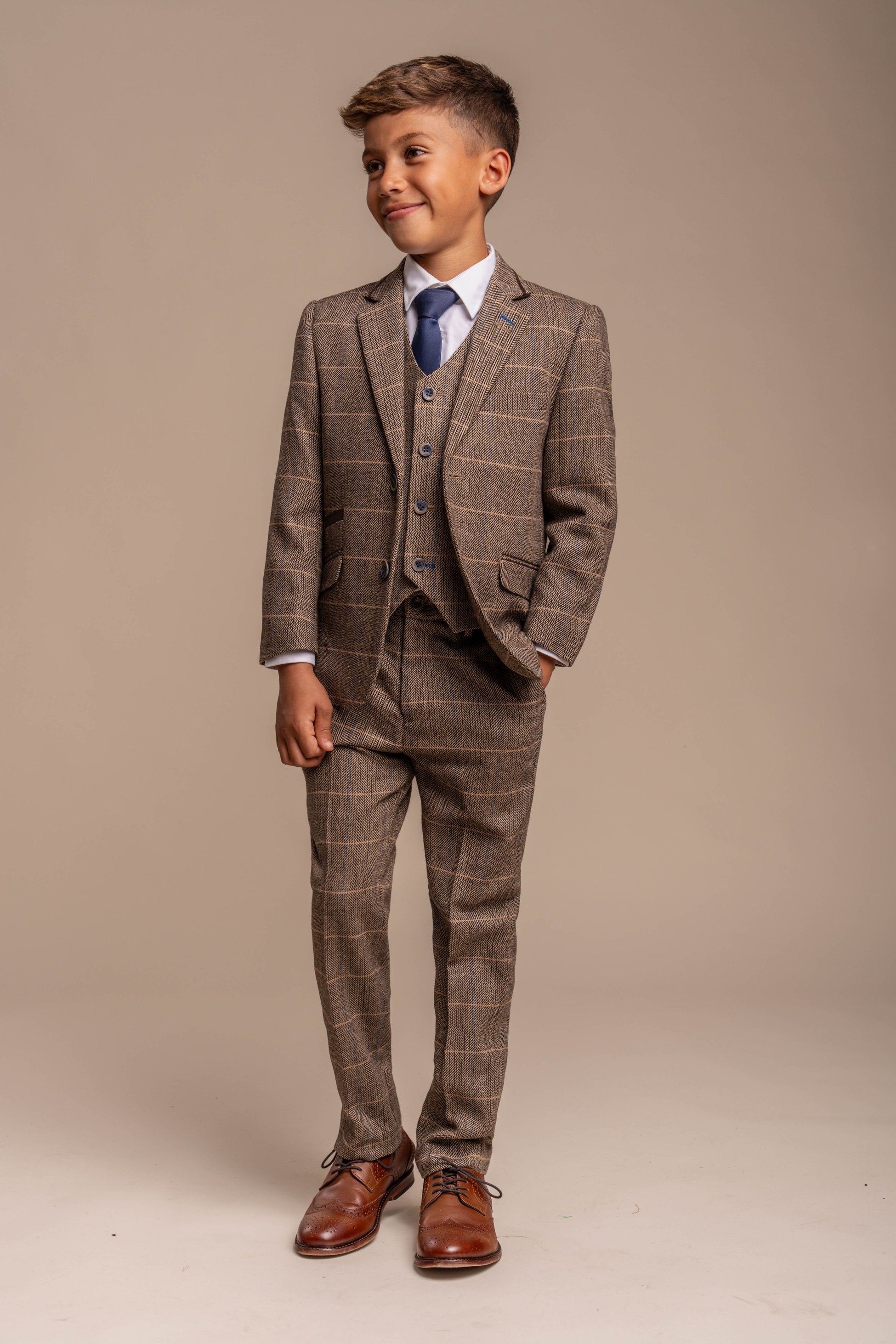 Boys Wool Blend Herringbone Check Suit - ALBERT - Brown